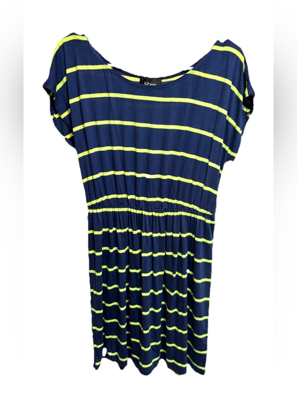 Iz Byer Navy and Neon Yellow Striped Casual Dress